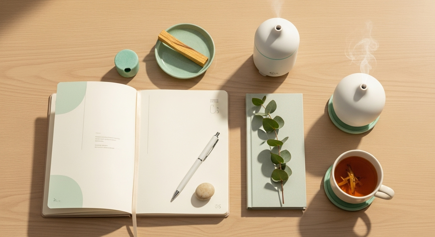 Carnet ouvert avec un stylo et une tasse de thé sur un bureau épuré, représentant une planification hebdomadaire douce et intentionnelle
