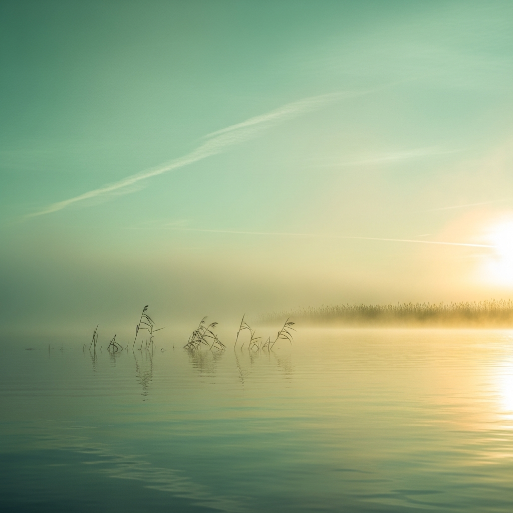Soft landscape with calm water and light horizon, evoking presence, stillness, and mindful awareness